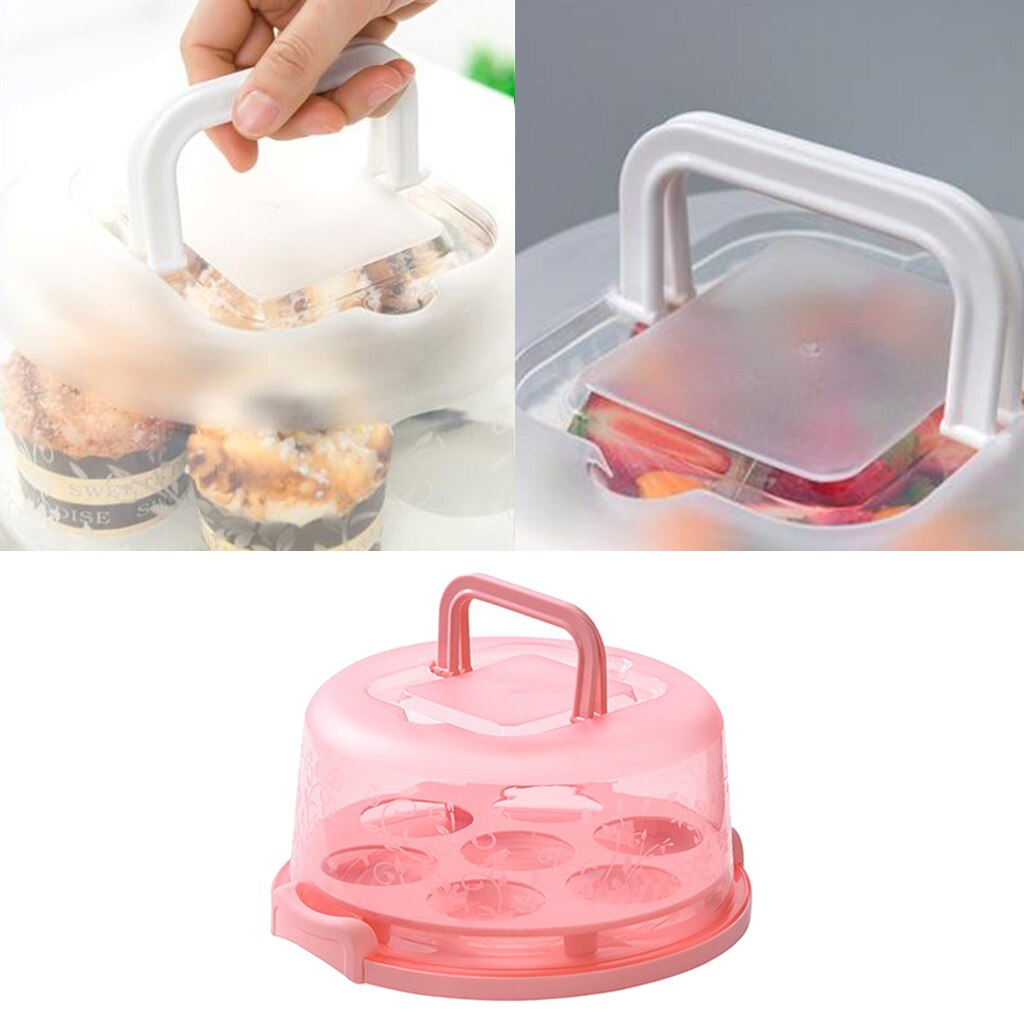 Bærbar plastkage, tærte, cupcake, muffinholder cupcakeholderholder med sammenklappelige håndtag, holder 7 cupcakes: Lyserød