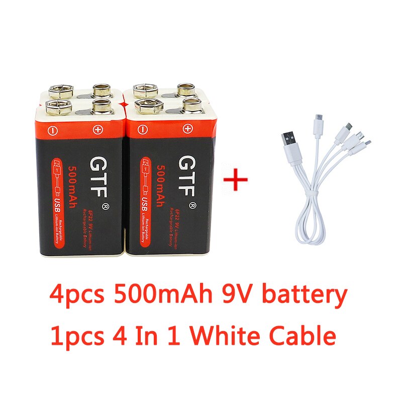 9V 500mAh li-ion Rechargeable battery Micro USB Batteries 9 v lithium for Multimeter Microphone Toy Remote Control KTV use: 500MAH White Cable