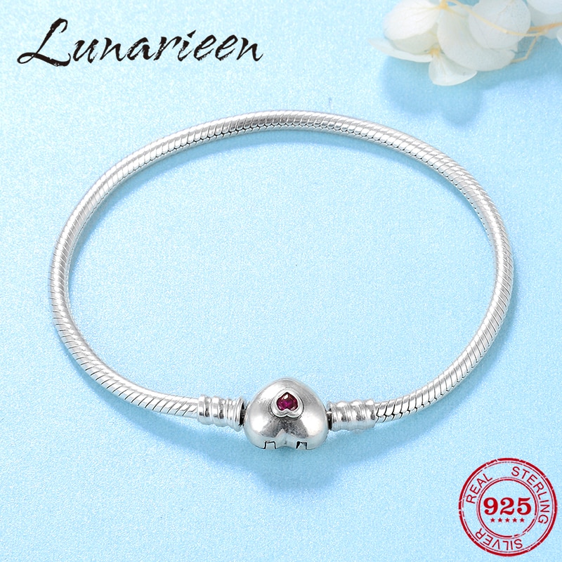 Authentic 925 Sterling Silber Rosa zirkon Herz Bead Lock-Armbänder Frauen schlange knochen kette zubehör Edlen Schmuck