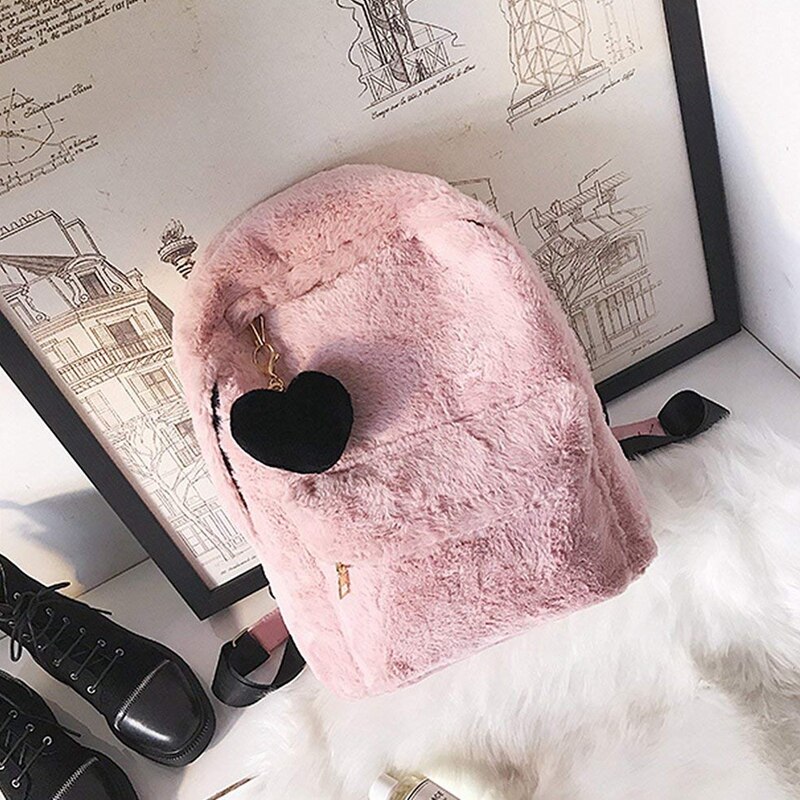 FGGS-femmes doux fausse fourrure peluche sac à dos sac à bandoulière moelleux sac d'école avec pendentif coeur (rose)