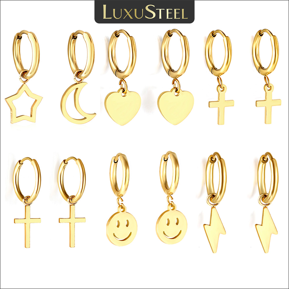 Pendientes de aro colgantes con dije geométrico Simple de lujo para mujer y hombre, Huggies de acero inoxidable con corazón, estrella, Luna, Cruz