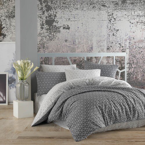 SIRMAK Ranforce Puzzle Gray Double Duvet Cover Set, Fast from Turkey