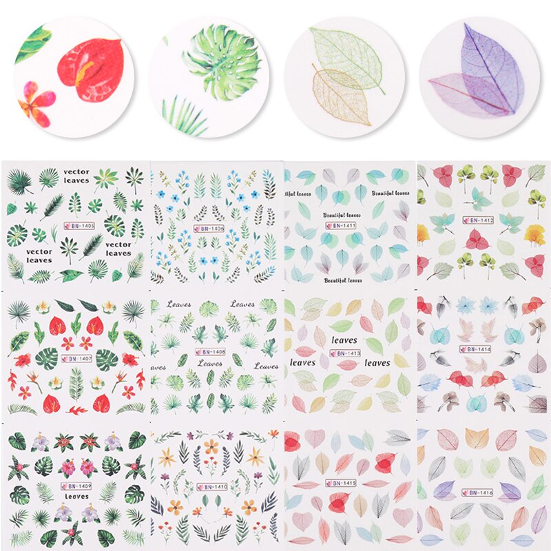 19Styles Simple Green Leaves Flowers Water Decals Spring Summer Theme Floral Maple Leaf Sliders Paper Line Watermarks Decoration: 18