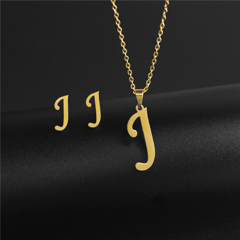 A-Z 26 charm Initial Necklace And Stud Earrings Jewelry Sets Alphabet Pendant Chain Letter mom: Rhodium Plated