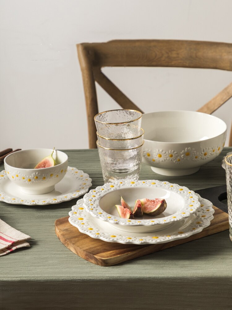 Ceramic Embossed Daisy Dinner Set Plate And Dishes Household Soup Bake Bowl Crockery Tableware