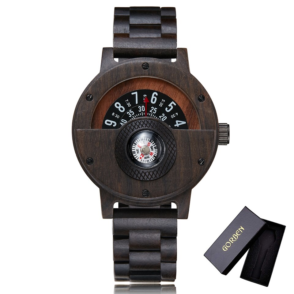 Creatieve Kompas Draaitafel Nummer Houten Horloge Mannen Volledige Hout Band Vintage Natuurlijke Hout Horloges Relogio relojes de madera: black with box