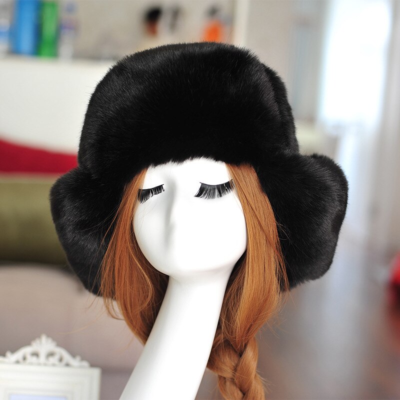 Winter Thick Warm Hats Faux Rabbit Fur Russian Fur Cap Bomber Hat Lady Ski Outdoor Fur Caps: Black