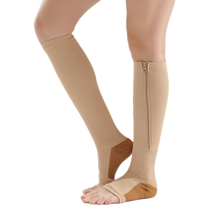 2 paar compressiekousen nylon rits compressiekous been knie ondersteuning open teen voorkomen (zwart) l/xl & (kleur) s/m