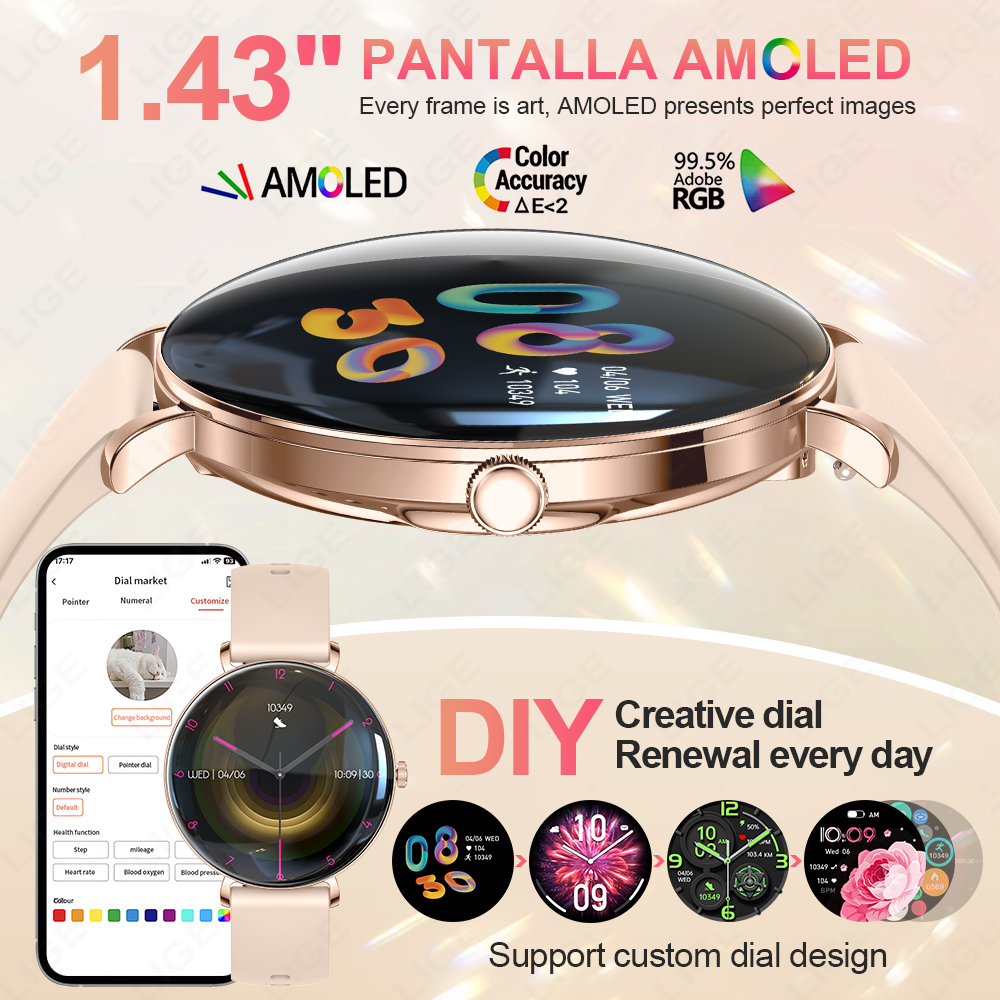 2025 Nowa moda Inteligentny zegarek Kobiety 1.43 '' AMOLED HD Wyświetlacz Bluetooth Połączenie Tętno Kobiety Zdrowie sport Kobiety Smartwatch Mężczyźni