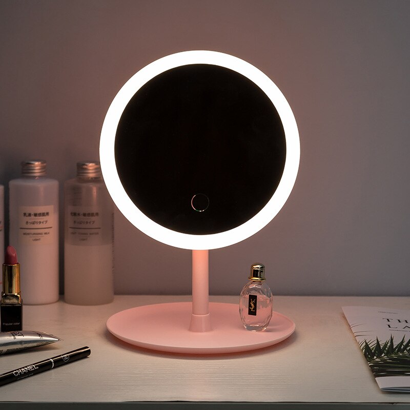 Desktop Vanity Mirror With Led Light, Pink Student Dormitory Table Makeup Mirror