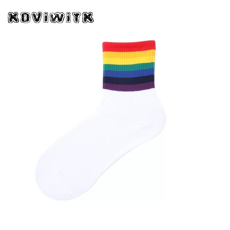 Vinter regnbåge randiga bomullsstrumpor för kvinnor svart/vit sport tjejer college stil strumpa trendiga vilda harajuku rolig konst varm sox: Vit regnbågsstång