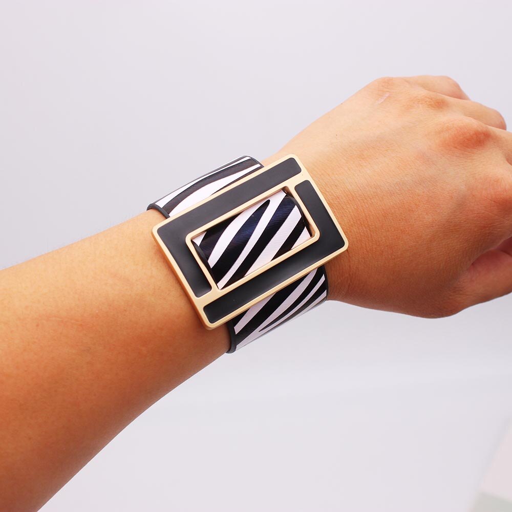 Mode Brindle Brede Leren Armband Voor Vrouwen Zwart Wit Geometrische Metalen Armband Wrap Charm Sieraden Femme