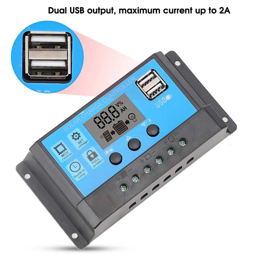 Solar Charge Controller LCD Dual USB PWM Cell Panel Regulator with Load Automatic Identification 12V 24V Solar Charge Controller