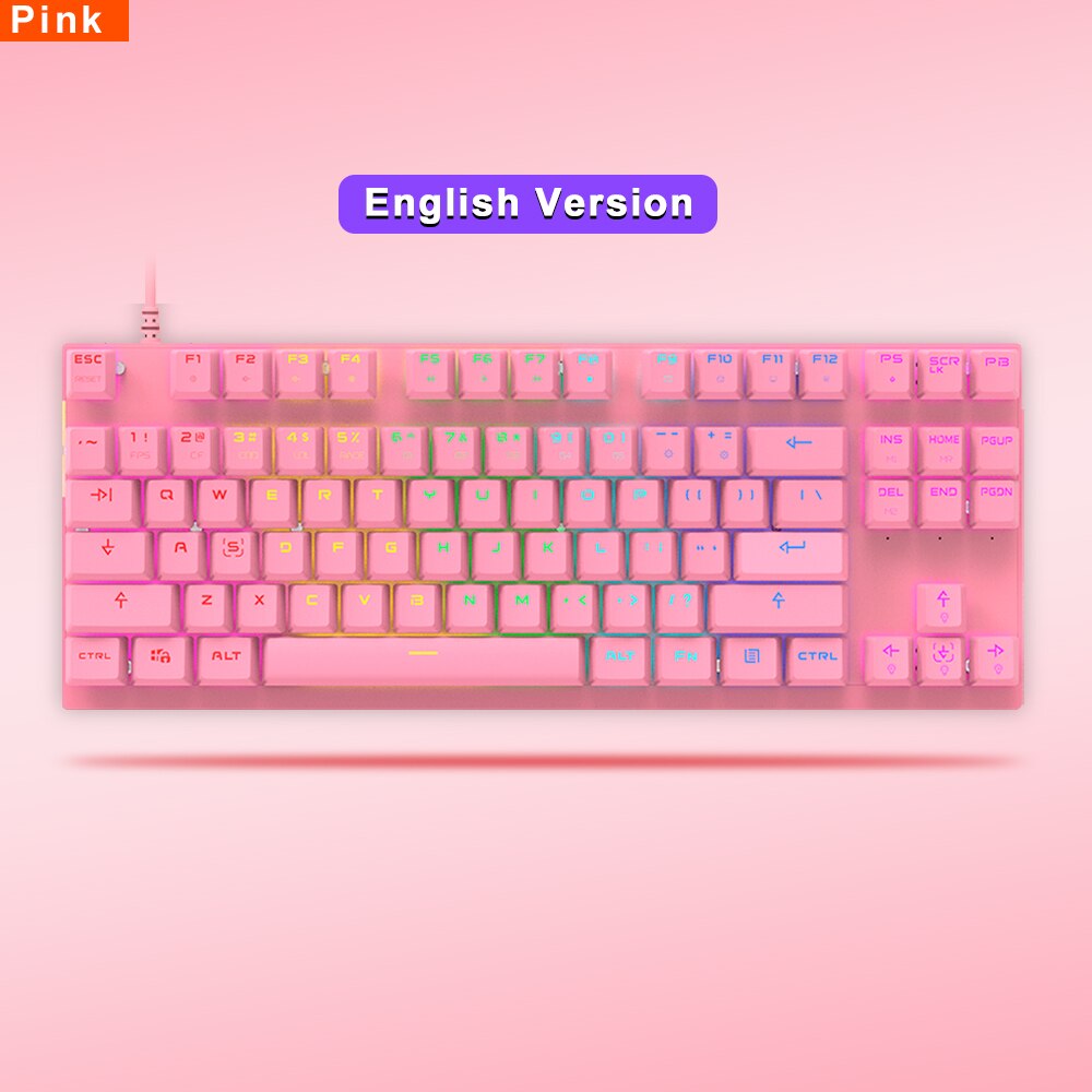 Oryginalna mechaniczna klawiatura gamingowa Motospeed CK82 USB przewodowa 87 klawiszy z podświetleniem RGB czerwony/niebieski przełącznik dla komputer stancjonarny Gamer: Pink English / Czerwony Przełącznik