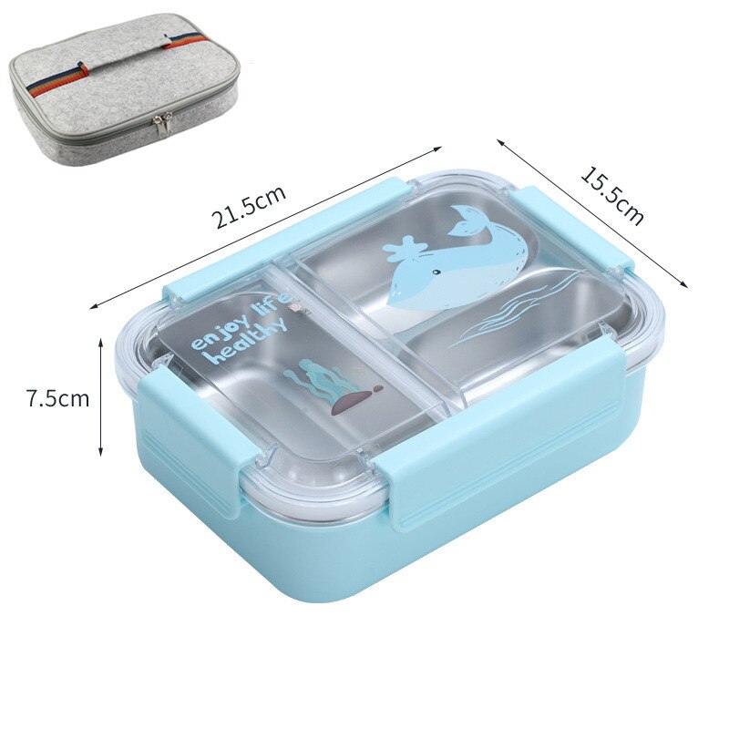 800ml Cartoon Stainless Steel 304 Lunch Box Leak-Proof Kids Children Bento Box Student School Microwave Food Container: Blue with Bag