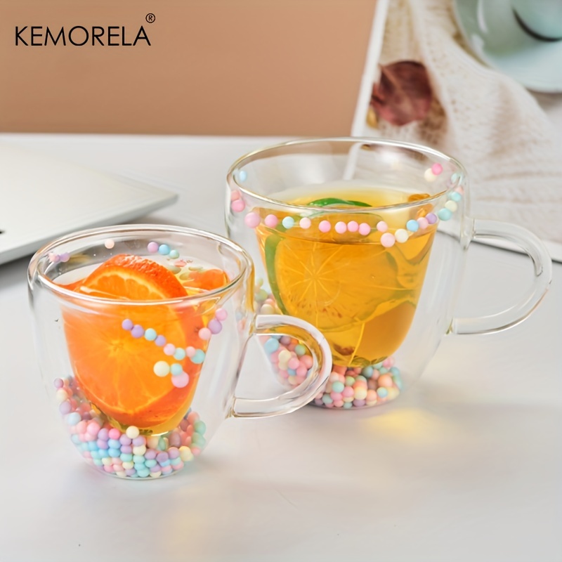 KEMORELA 1PCS Dubbelwandige Helder Glazen Koffiemok met Handvat Liefde Vorm Gekleurde Ballen voor Espresso Helder glazen Beker