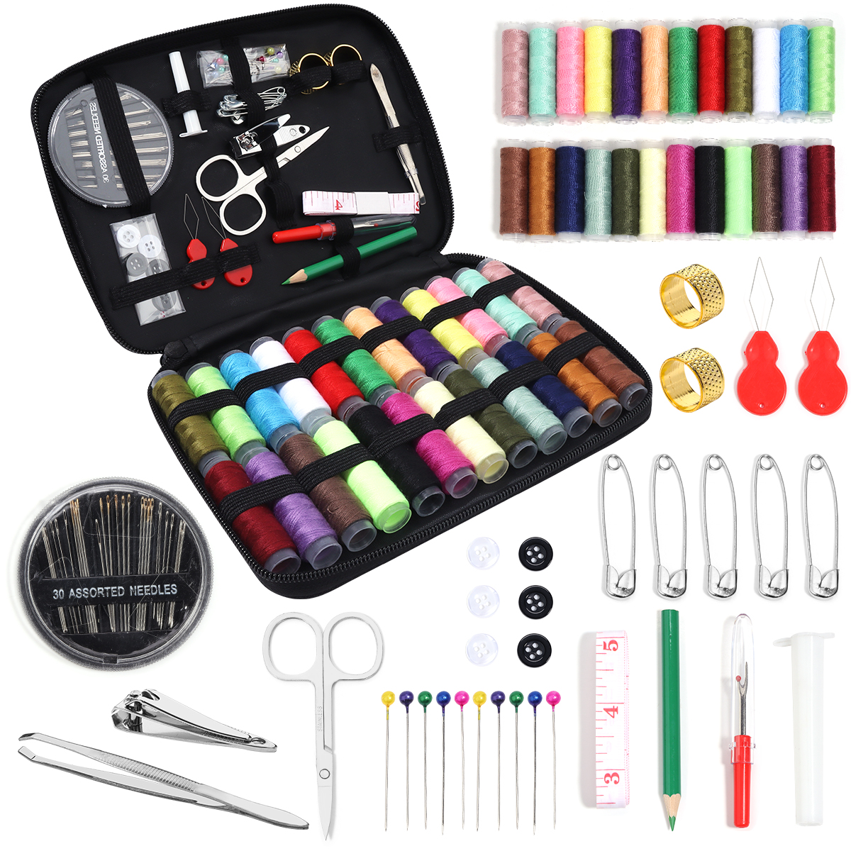 Kit de costura completo con hilos, agujas, tijeras, cinta métrica, botones, portátil, viaje, DIY, bordado, trabajo hecho a mano, conjunto de herramientas de costura: Gris claro