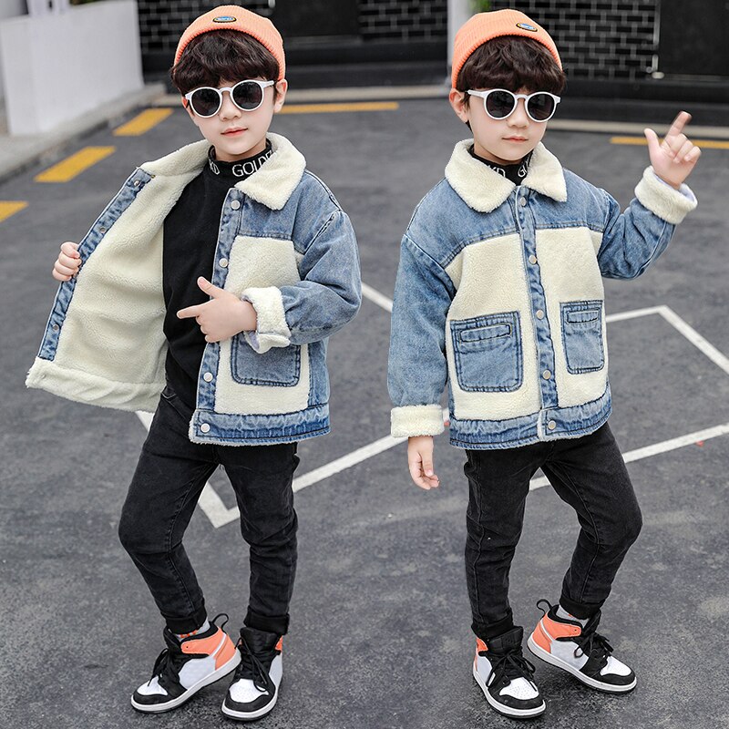 Thick Velvet Kids Winter Jean Coat Autumn Hooded Warm Boys Parkas Drawstring Mid-long Denim Jackets Outerwear