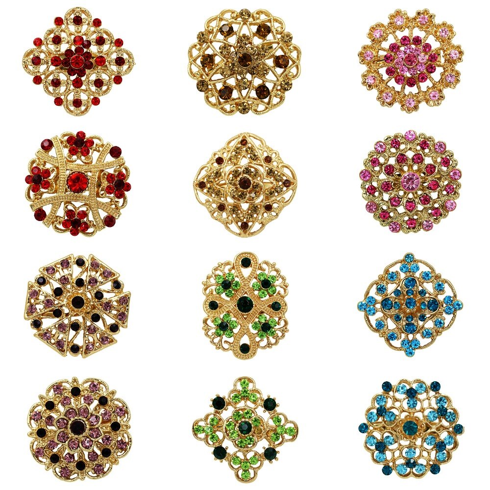 WEIMANJINGDIAN Lots de 12 pièces cristal strass fleur broche broches ensemble pour bricolage mariage Bouquet Kits bijoux accessoires: KZ001 color gold