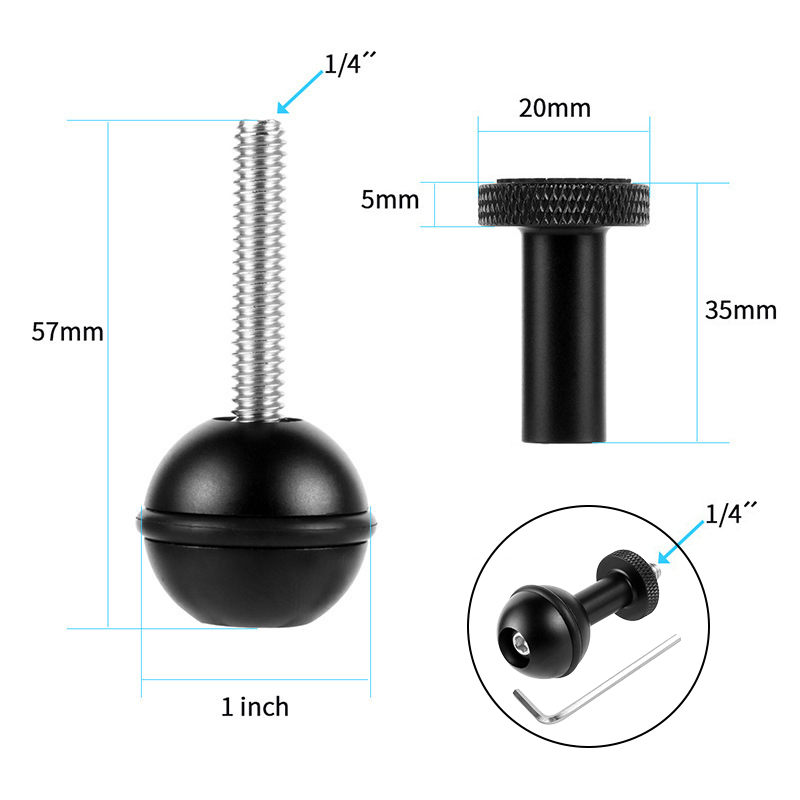 1-Zoll-Kugelkopf-Adapter, 1/4 Zoll Schraube, feste Halterung, Schmetterlingsclip für Gopro, SLR-Kamera, Unterwasser-Tauchhalterung, Tablett, Lichtklemme