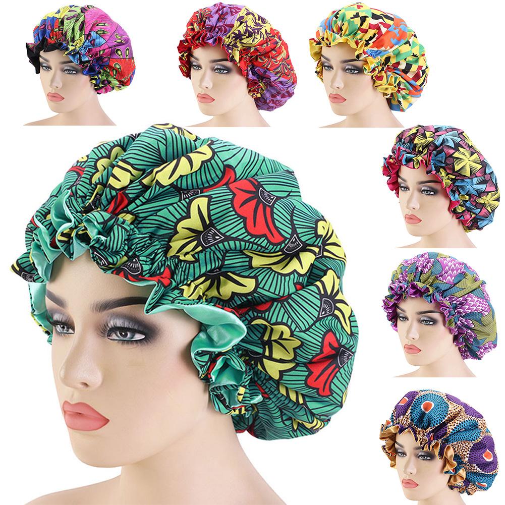 Frauen Afrikanische Blumen- drucken Satin- Nacht Schlaf Motorhaube Hütte Haarpflege Kappe Kopf wickeln Große Kopf Tragen Damen Headwrap Haar pflege Hütte