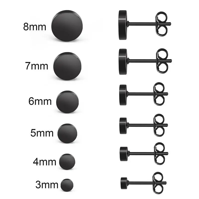 6 Paires Boucles D'Oreilles Clous Noirs Acier Inoxydable Hommes - Ensemble Punk Rock 4-10mm
