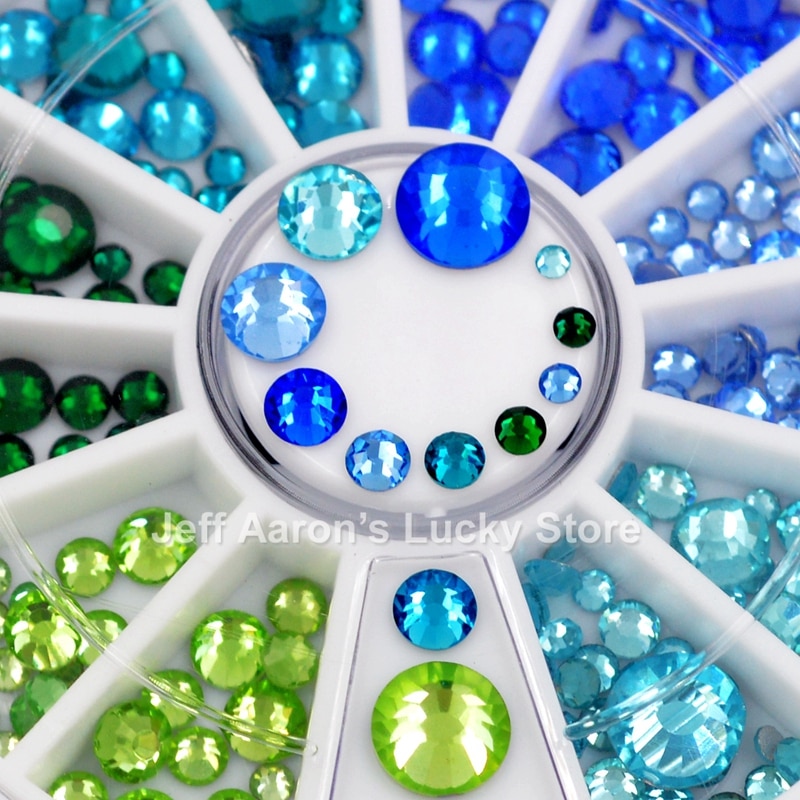 Gemengde maten flat back 3d nail art decoraties steentjes wielen glitter nagels accessoires levert tool groen blauw