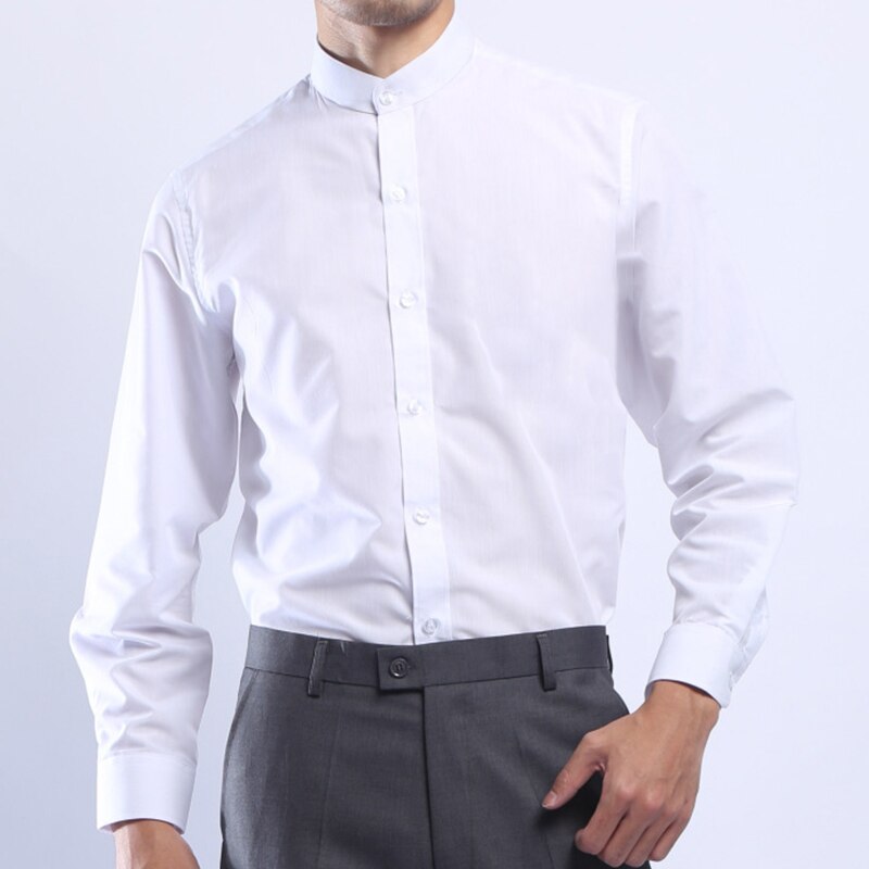 Men Mandarin Stand Collar White Dress Shirt Long Sleeve Chinese Style Single Breasted