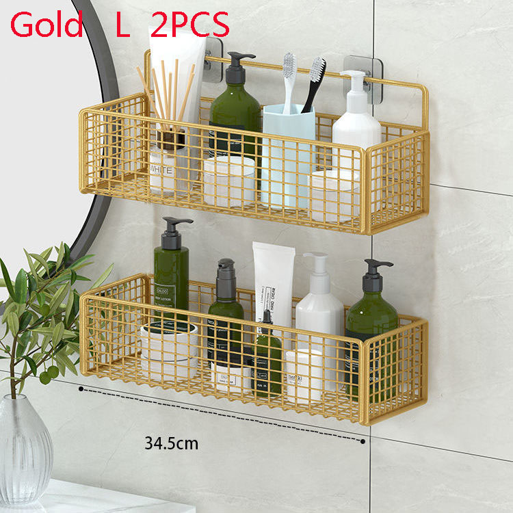 Black Wall-mounted bathroom shelf organizer Shampoo Rack Toilet Accessories Kitchen Free Punch Condiment Storage Basket: Gold  L 2PCS