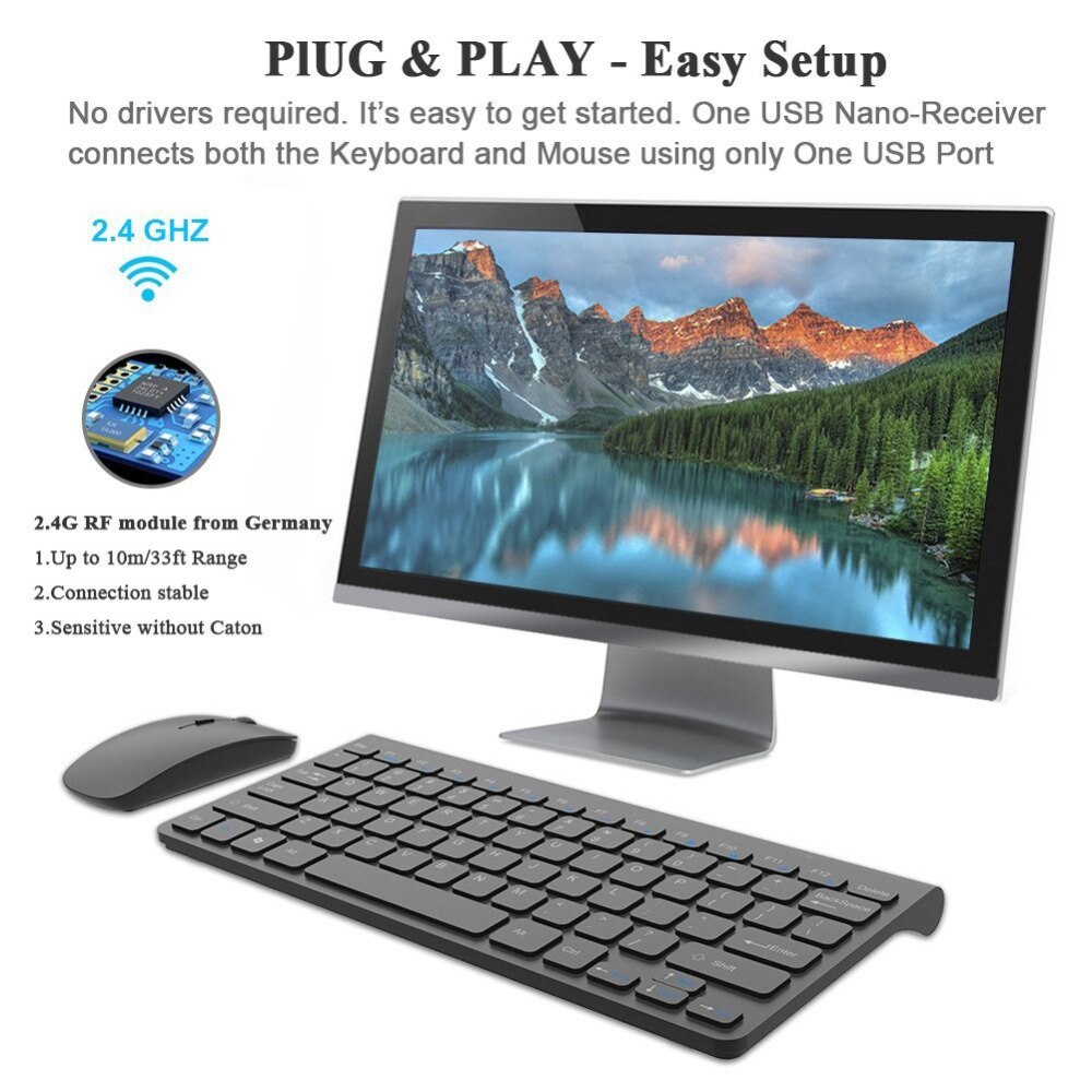 Avatto 2.4 ghz trådløst mini-tastatur og optisk mus combo  by 1 usb-modtager kontrol til desktop, computer pc, laptop, smart tv