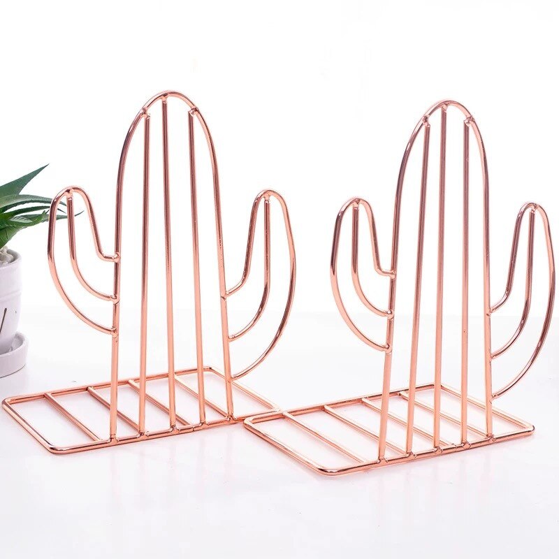 2 stk/par kaktus flamingo kærlighed formet metal bogstøtter skrivebord organizer opbevaring holder hylde jern støtte holder til bøger: Kaktus steg gylden