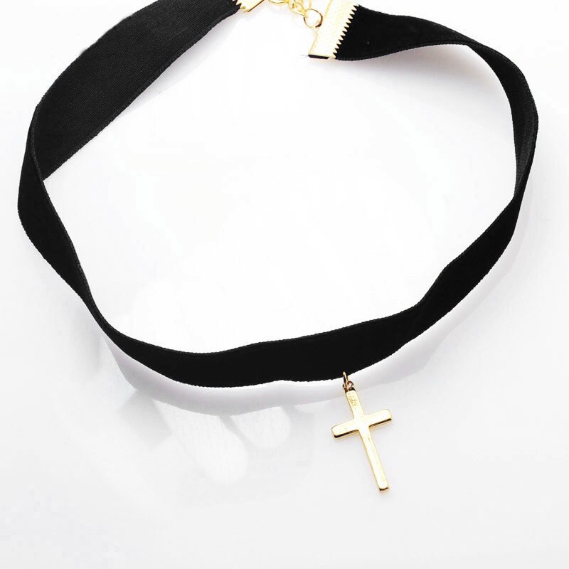 Mode Eenvoudige Zwarte Flanellen Cross Hanger Ketting Vrouwen Wedding Party Choker Sieraden Charmante Dame Sleutelbeen Keten: Gold