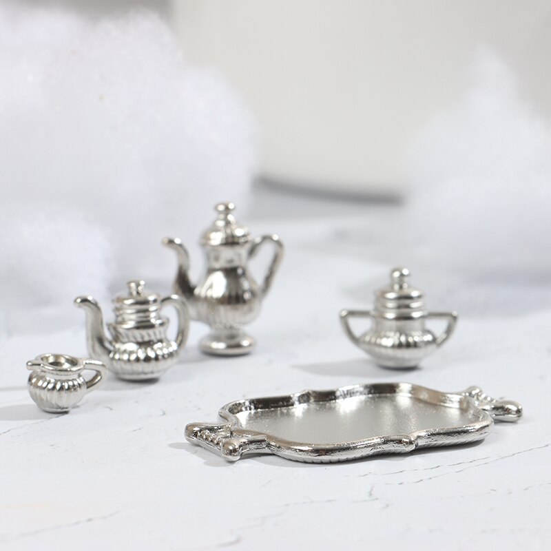 5pcs/Set Dollhouse Miniature Silver Metal Kitchen Coffee Tea Set Pot Flagon Plate Doll House Decor Accessories Ornaments