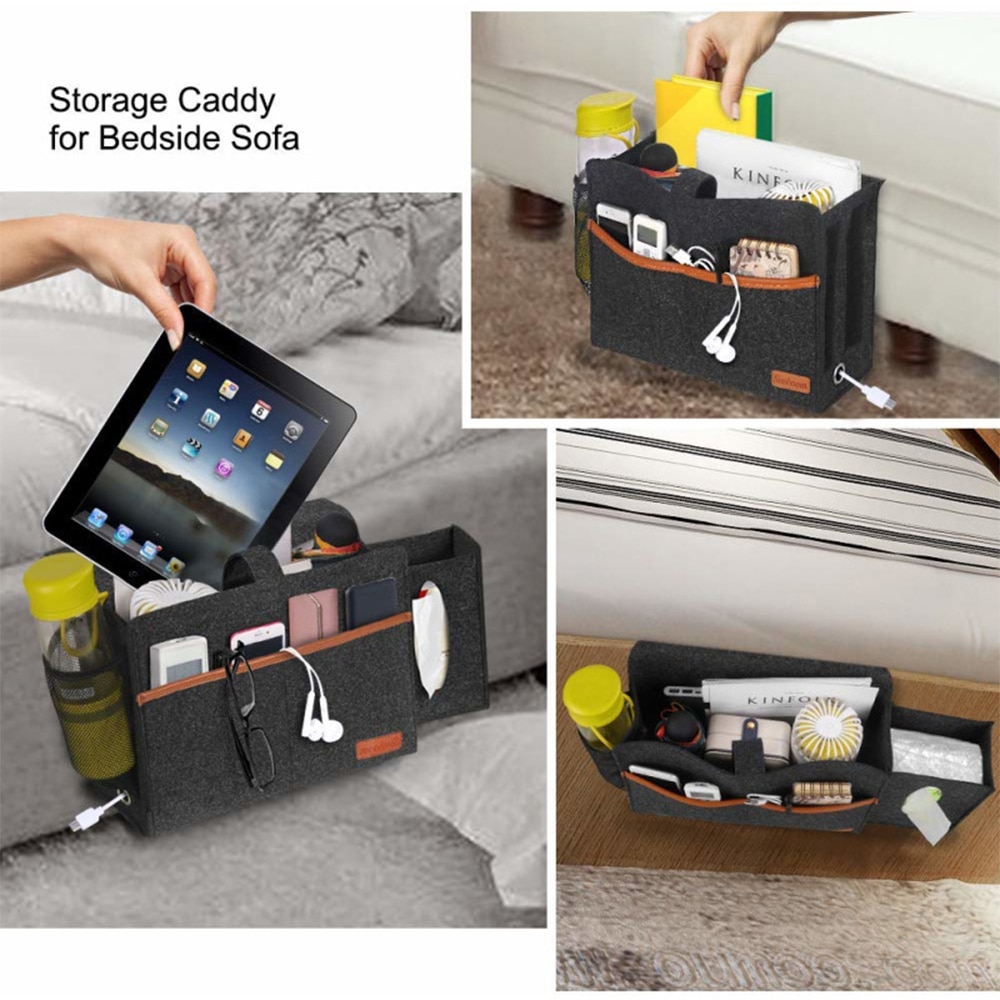 Felt Hanging Storage Bag with Tissue Box and Water Bottle Holder, Bedroom Sofa Organizer Bag for Books Pad Phone Chargers