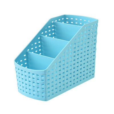 Office Stationery Holder, Four Compartment Plastic Rattan Plaited Desk Organizer Storage Holder for Office Desk: blue small