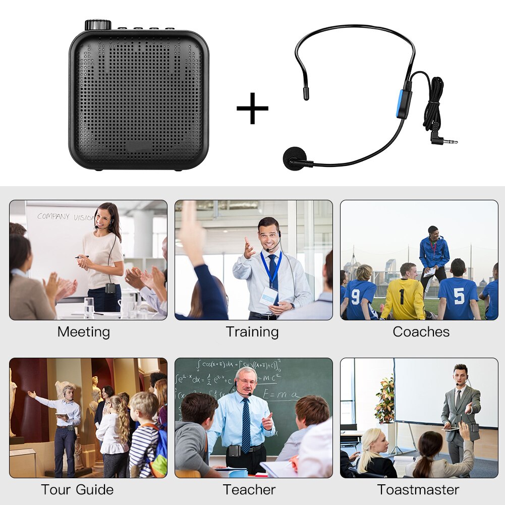 mini amplificatore vocale portatile da 12W per tour di classe degli insegnanti con cuffia per microfono e riproduzione di musica amplificante del suono in vita