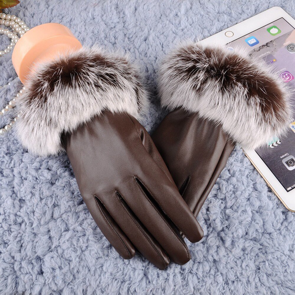 Warm Gloves Lady Luxury Fur Gloves Winter Leather Full Finger Warm Glove Driving Outdoor Glove Women Black Mitten #L20: Coffee 