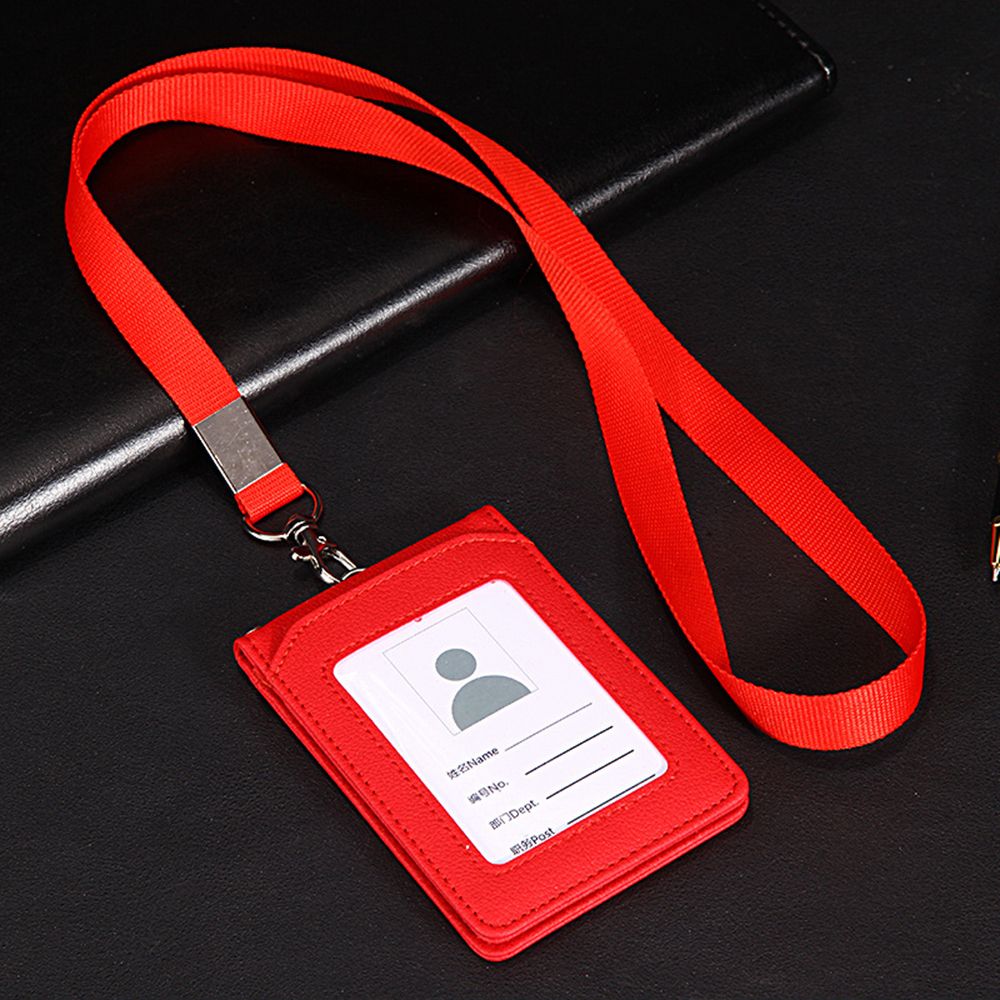 Leather Wallet Work Office Retractable Lanyard with Silica Gel Material ID Card Credit Card Badge Holder + Lanyard + 5 Slots: red