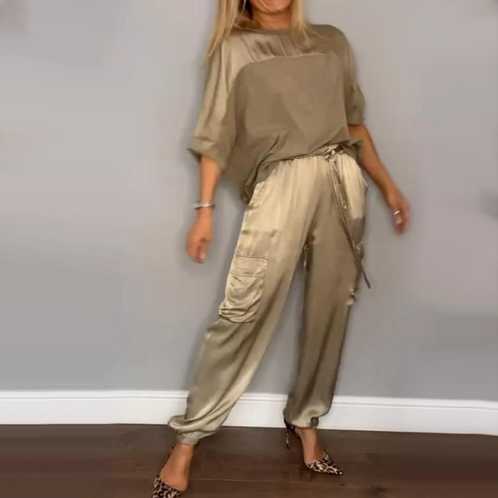 Women Two-piece Set Three-quarter Sleeve Suit Satin Women's Top Pants Set Lace-up Waist Women Casual Patchwork Suit