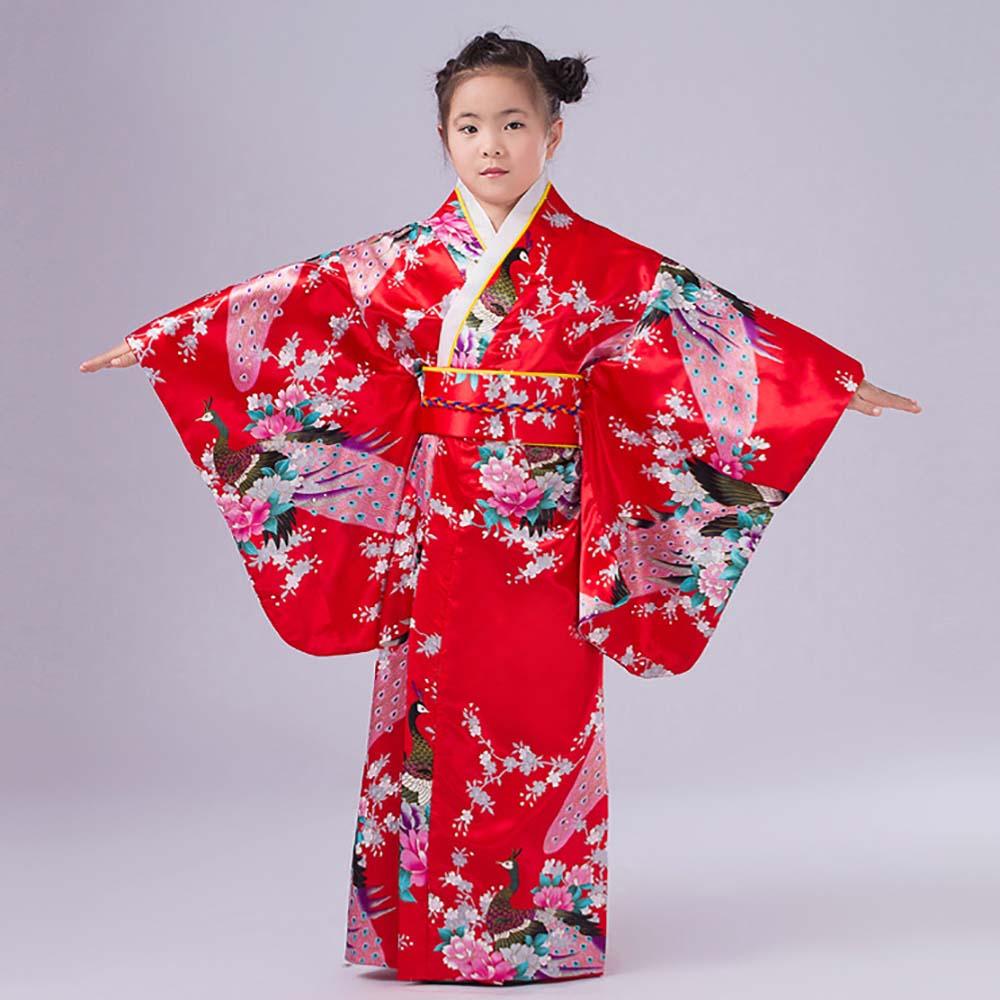 Kinder Mädchen Vintage Floral Kimono Yukata Japanischen Traditionellen Kostüm Silk Satin Kimono Robe Kleid für Kinder Geisha Cosplay: Rot / XL