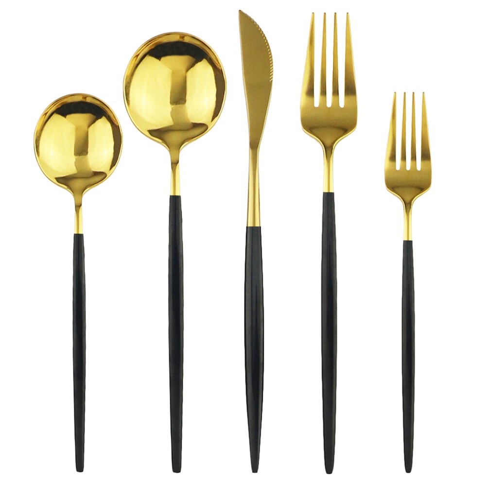 20 st färgglada bestick set guld bestick set dessert gaffel sked 304 rostfritt stål servis set glänsande kök servis set: Svart guld