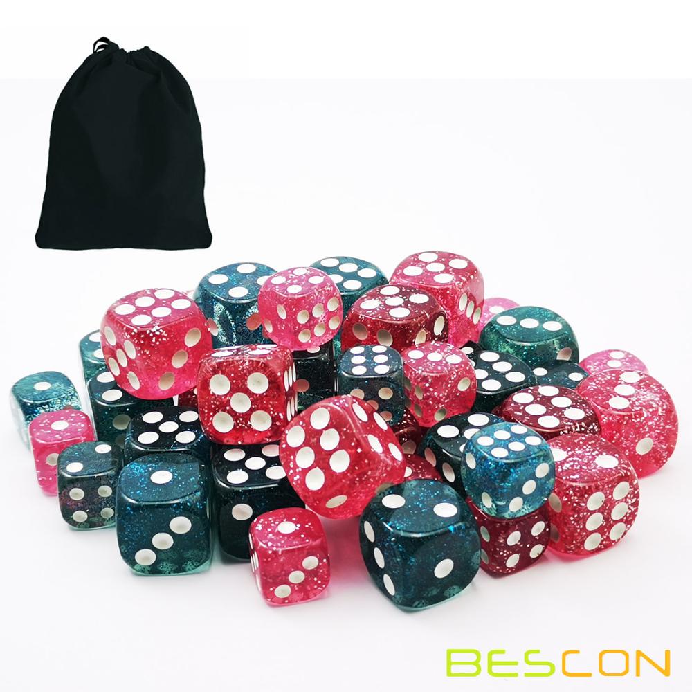 Bescon Ethereal Glitter Dobbelstenen D6 16MM & 12MM 48pcs Set, game Dobbelstenen Glitter Rose en Teal in 12MM & 16MM Elke 12pcs