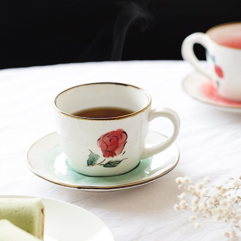 Japanese Style Ceramic Cup and Saucer 180ml Coffee Set Tea Set Nordic Style Fruit Pattern Coffee Cup