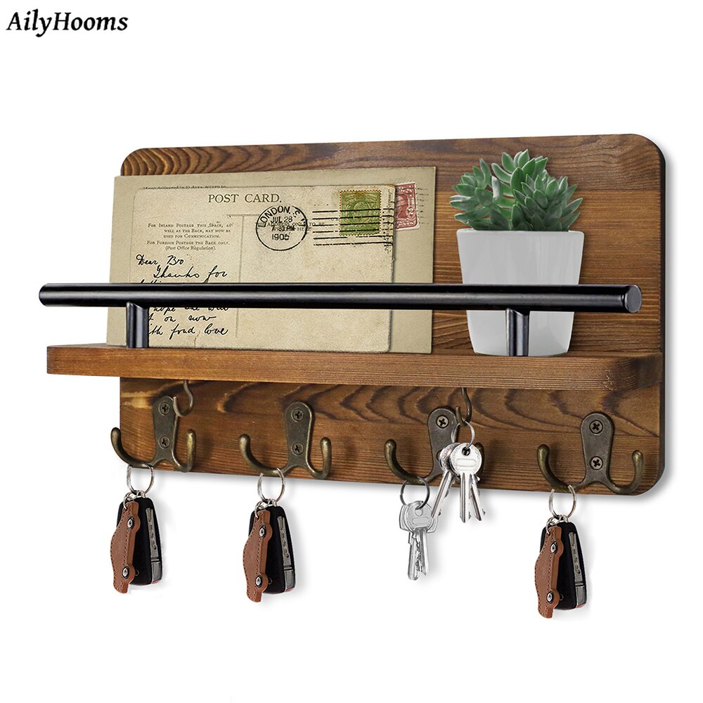 Key Holder Wall Mounted Mail Holder with 10 Hooks and 2 Wooden DIY Keychains Wooden Decorative Key Hanging Rack Mail