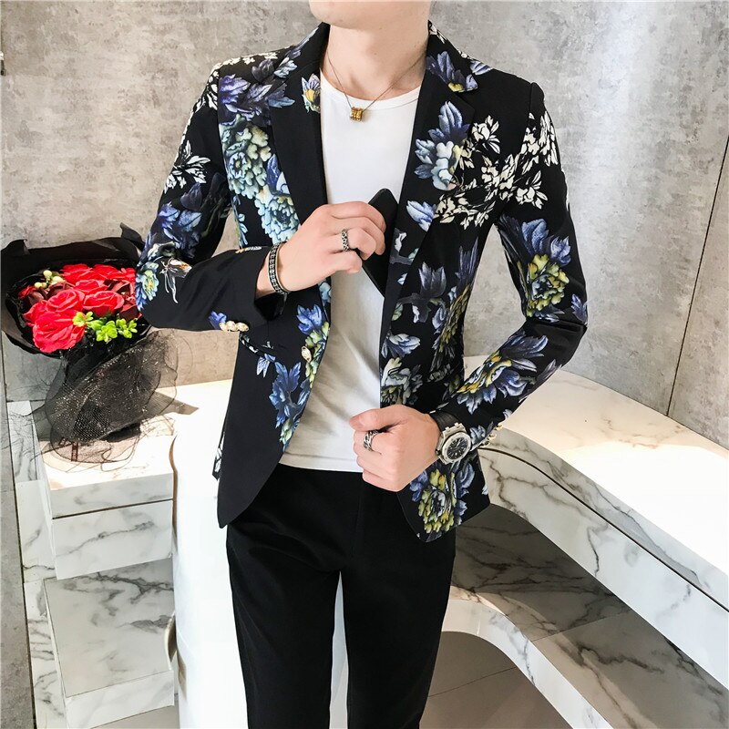 High-end personlighet blommig kostym jacka män, trend nattklubb frisör slim printed kostym, natt scen kostymer