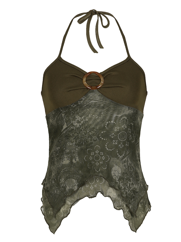 Sweetown-camisola Retro verde bosque con estampado Vintage para mujer, camisola bohemia Y2K con Espalda descubierta, Tops asimétricos con lazo Halter, ropa para vacaciones de verano: S / Verde militar