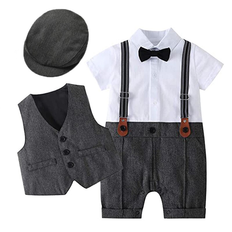 Bebê formal vestido de verão manga curta meninos cavalheiro festa vestir roupa 1st aniversário macacão + chapéu colete roupas da criança: Cinza escuro / 66(6-9M)