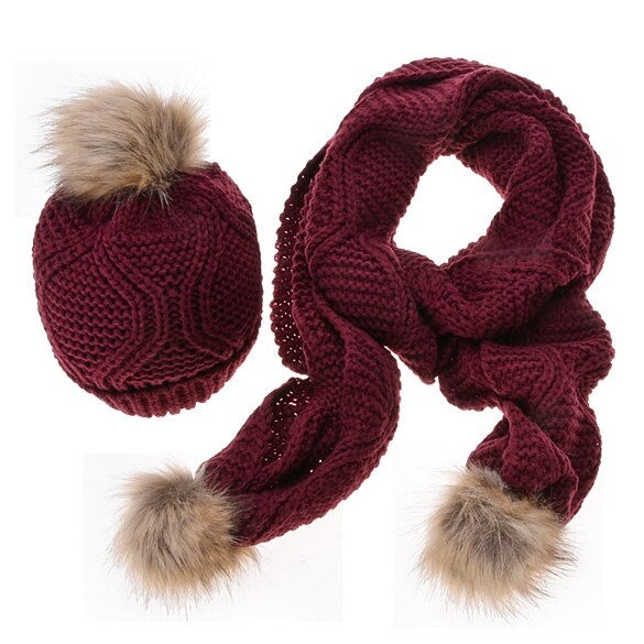 Höst vinter kvinna varma halsdukar diamantform ull stickade mössor virkade skullies gorros kvinna hattar två delar mössa + halsduk /set: Vin, röd
