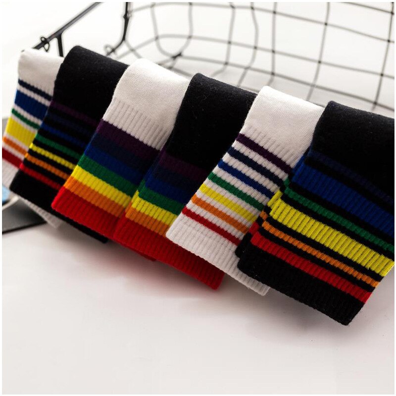 Autumn and Winter Cotton Socks Colorful Stripes for Ladies Female Leisure Comfortable Rainbow Socks Women