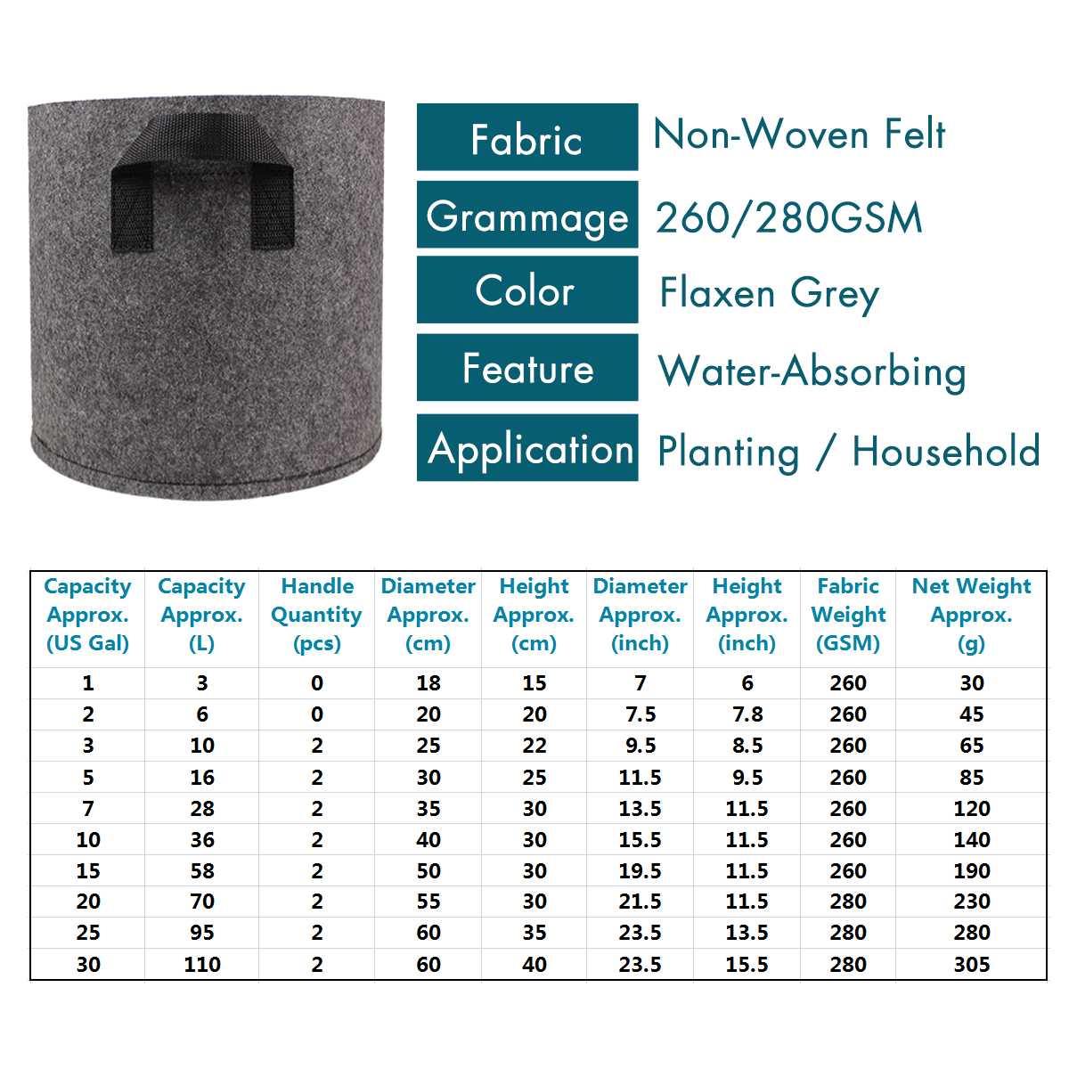 Ikke-vævet filt 1-30 gallon stof vokseposer åndbare potter planter rod pose container plante smarte potter med håndtag have su